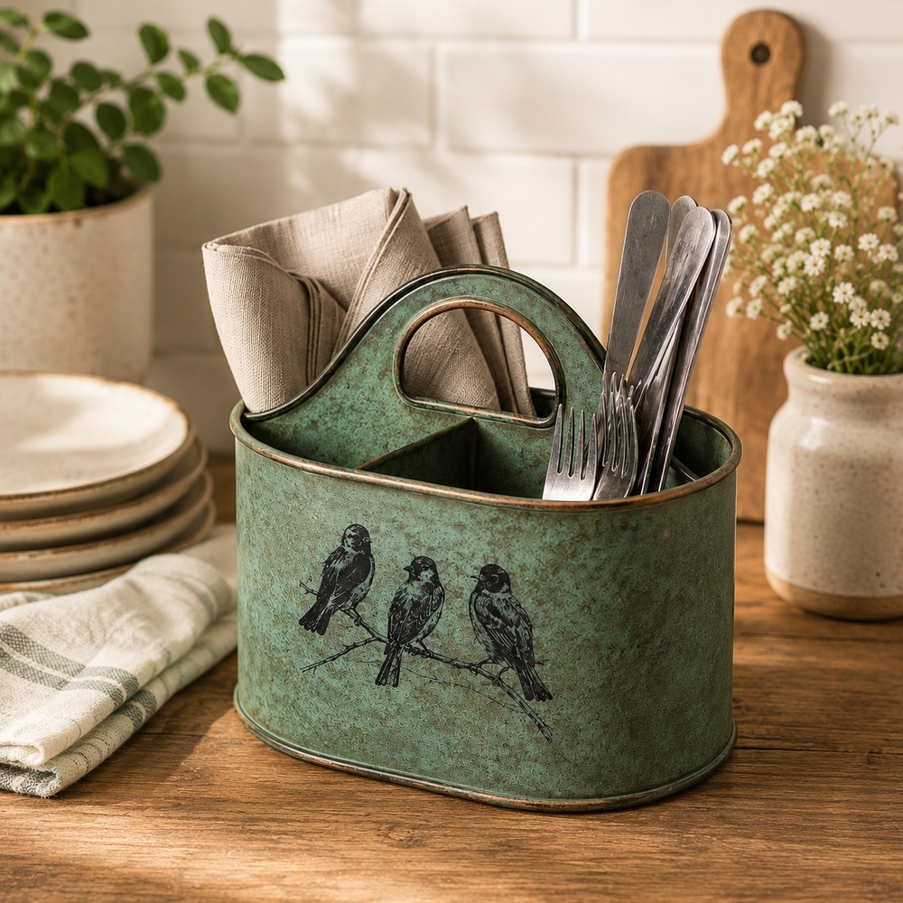 Rustic Bird-Print Metal Utensil Caddy in Patina Green - Home Accents